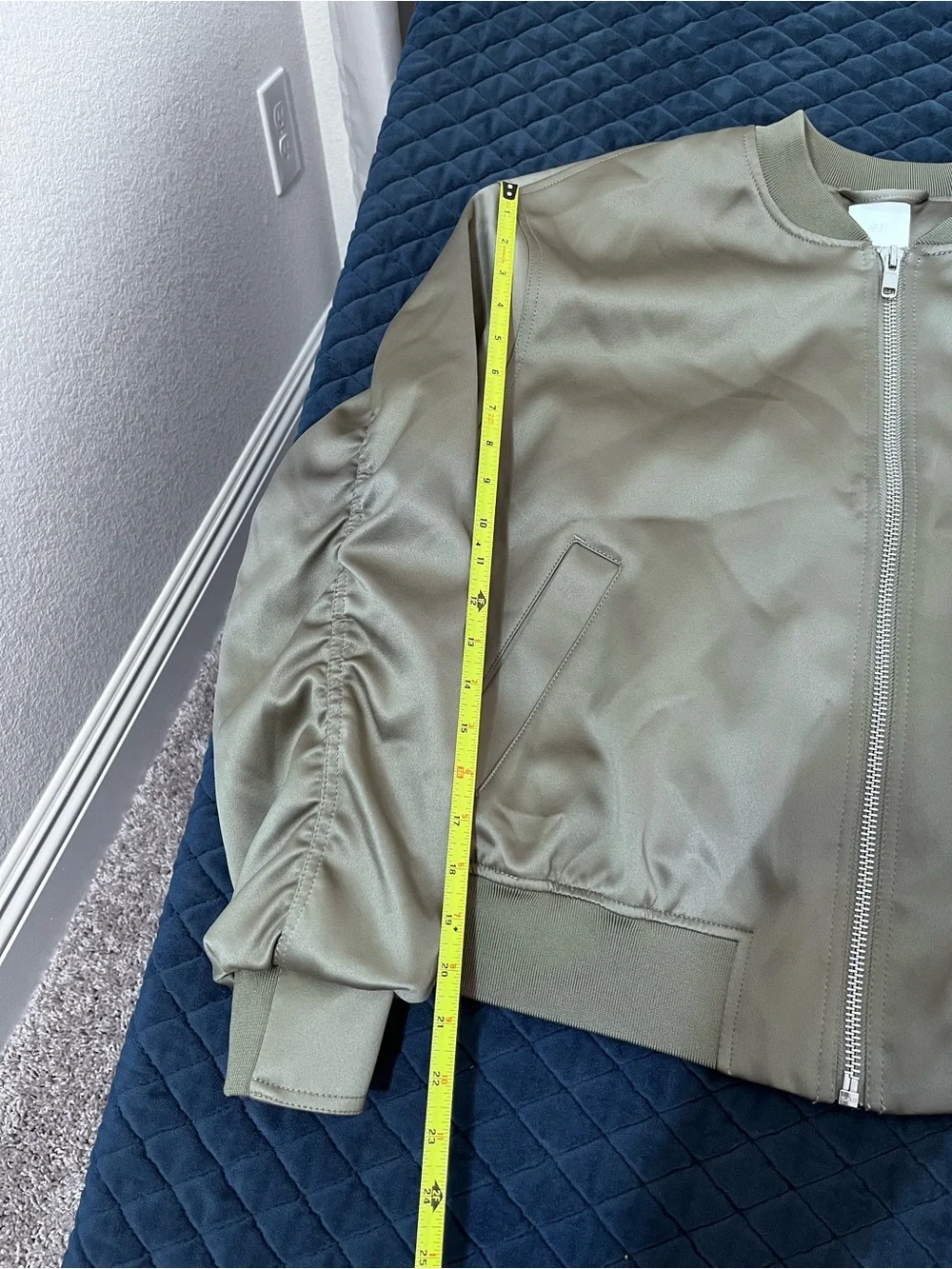 H&M Olive Green Bomber Jacket - Zip Front - Ruffled Sleeves - Sleek - Stylish